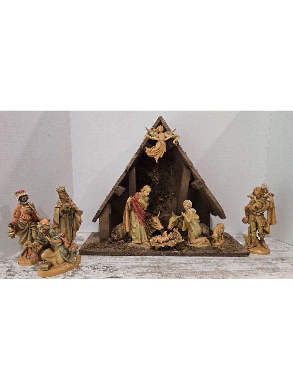 VTG Fontanini Nativity Set 11 Pc 1983 Depose Italy Wooden Manger Creche 4"